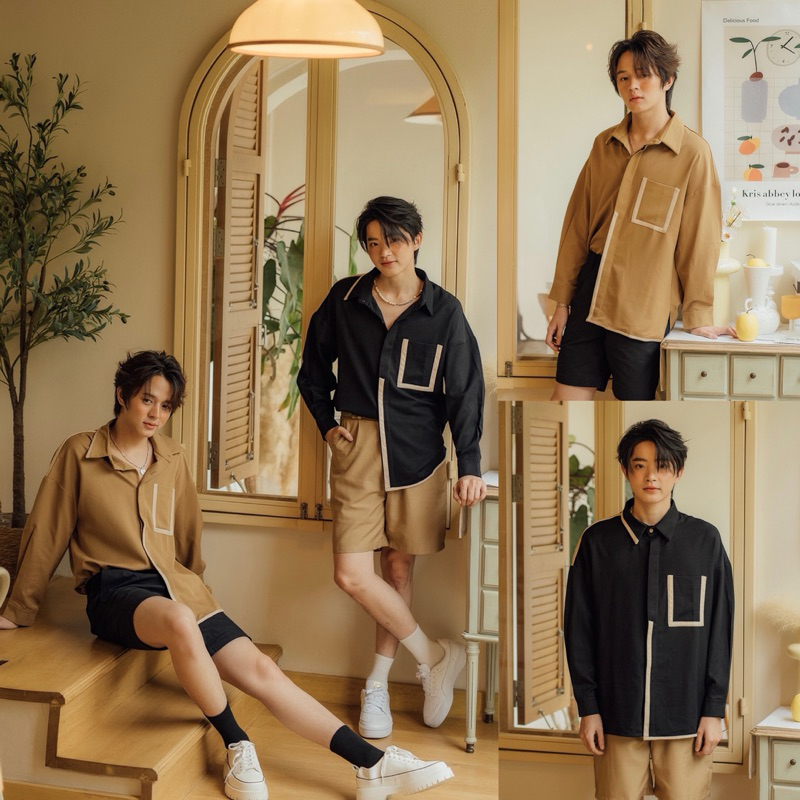 New Long sleeve shirt เสื้อเชิ้ต ดีไซน์ขอบหนัง (รหัส : KN78)