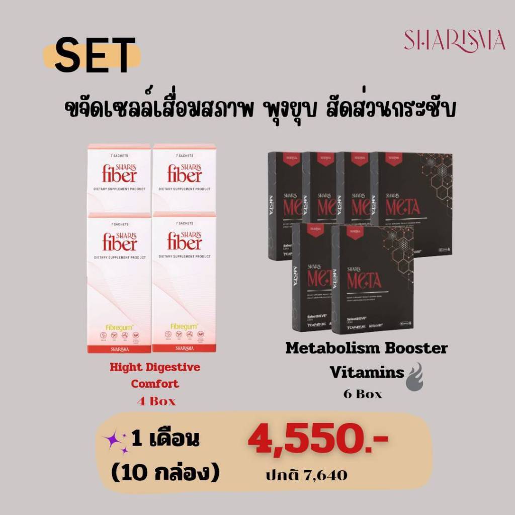 SharisFiber 4 Box ขจัดสารพิษในร่างกาย ลดท้องผูก/ SharisMeta 6 Box บล๊อกแป้ง ลดไขมัน กระชับสัดส่วน (เซ็ท1เดือน)