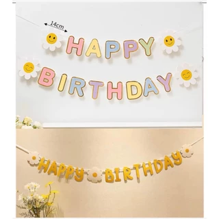 ลูกโป่งขาว Happy Birthday ตัวเลขสีขาว ดอกเดซี่ ก้อนเมฆ วันเกิด งานแต่ง ตัวเลข