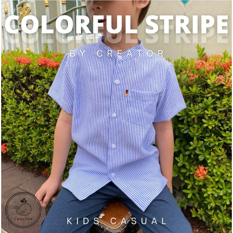 ⭐️ตัดเย็บเกรดA⭐️เสื้อคอจีนเด็กแขนสั้น ลายริ้ว ผ้าอ็อกฟอร์ด (Colorful Stripe Line Oxford Shirt)
