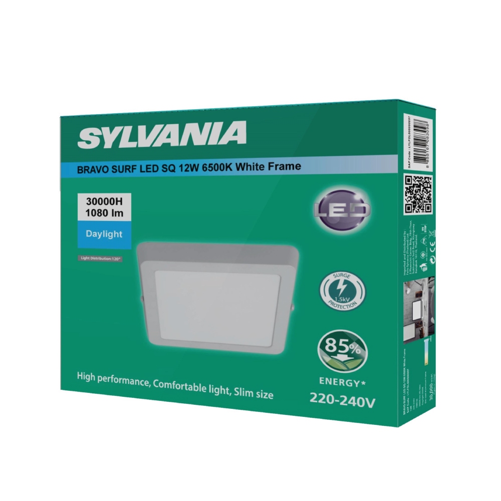 SYLVANIA โคมไฟดาวน์ไลท์ติดลอย รุ่น BRAVO SURF LED SQ 12W 6500K White Frame (หน้าเหลี่ยม) ขอบขาว แสงเดย์ไลท์