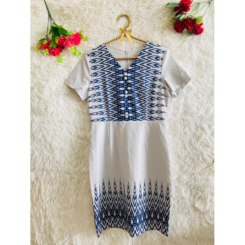 ชุดเดรสผ้าไทยสวยๆ ป้าย Elgrand เทียบมือ1 ซักเก็บ