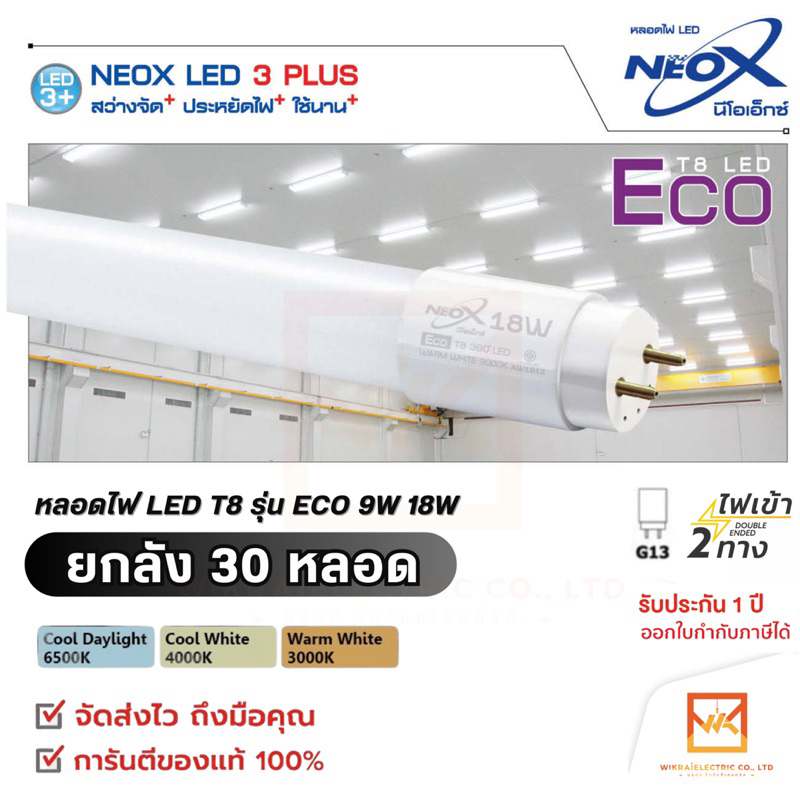 (ยกลัง 30หลอด)NeoX หลอดนีออน LED T8 9W 18W รุ่นใหม่ล่าสุด รุ่น ECO ไฟเข้าสองทาง (Double-End) มีให้เลือก3แสง