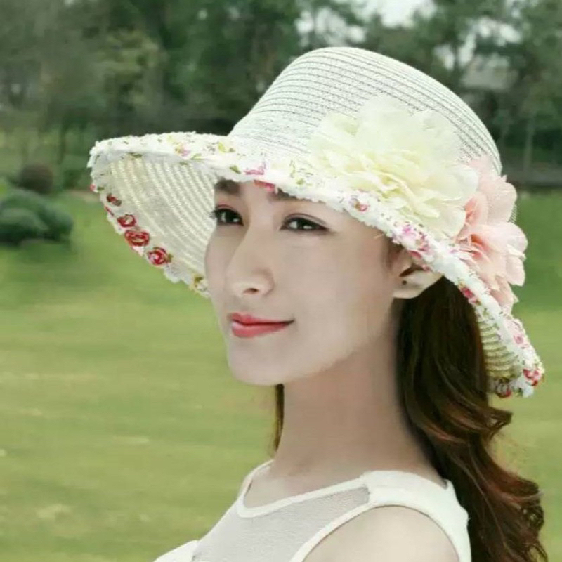 หมวกสานผู้ใหญ่ พร้อมส่ง!! แต่งดอกไม้รอบใบ มีราคาส่ง