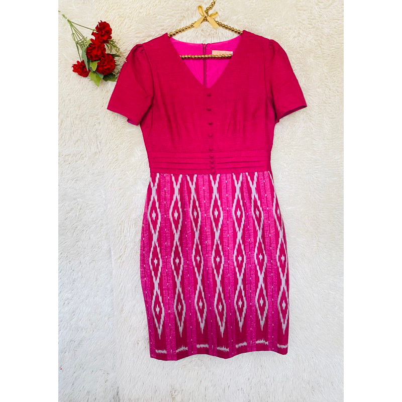 C34ชุดเดรสผ้าไทยสวยๆ ป้าย Elgrand เทียบมือ1 ซักเก็บ ไม่เคยใส่