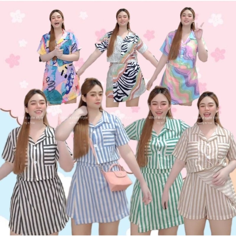 Colorful Set - สาวอวบ สาวตัวเล็ก เซ็ตเสื้อครอปกางเกงกระโปรง ผ้าดีใส่สบาย ไม่บาง ชุดเซ็ท2ชิ้น