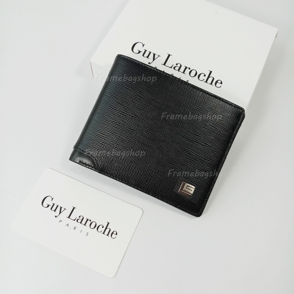 Guy Laroche กระเป๋าสตางค์ผู้ชาย พับสั้น สีดำ หนังลาย มุมหนังเรียบ โลโก้รมดำ หนังแท้100%