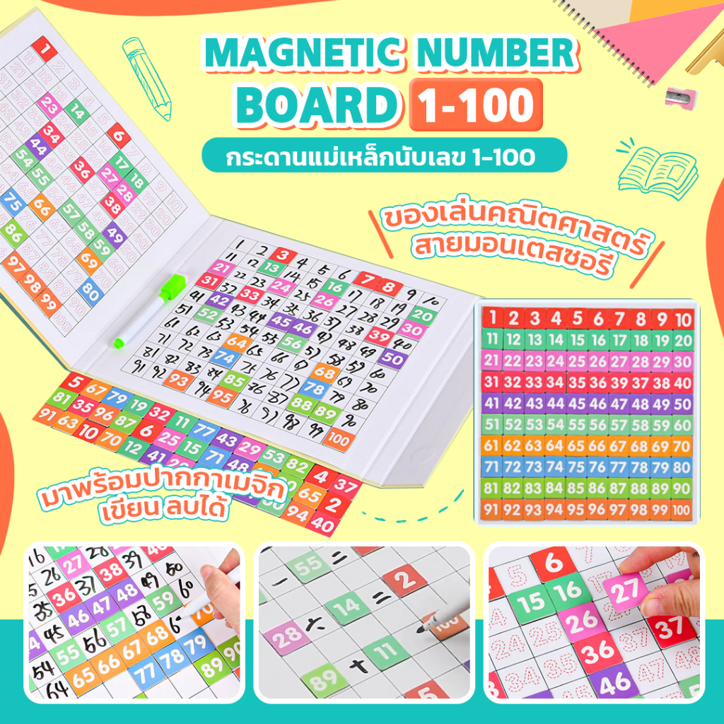 กระดานเลข 100 ช่อง 100 number magnetic board ปากกาไวท์บอร์ด เขียนได้ ลบได้ Montessori ของเล่นคณิตศาส