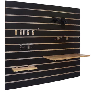 แผ่นผนังร่อง Slatwall Panel 122x122 ซม. MDF หนา 19 มม. พร้อมรางอลูมิเนียม แผ่นผนังเสียบ แผงโชว์สินค้า