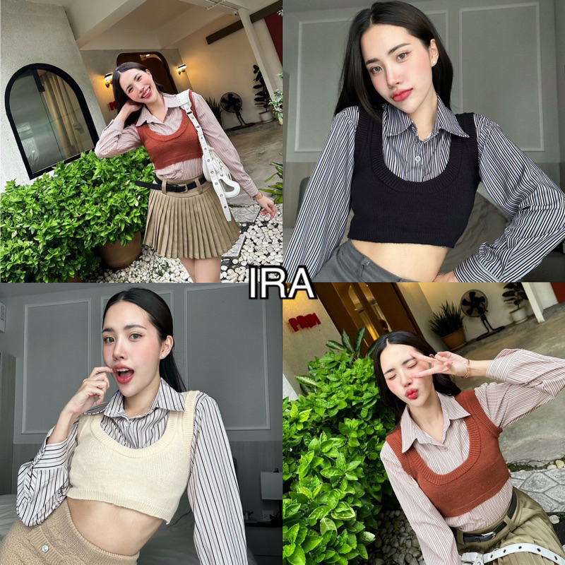 BY IRA (20154) Seoul shirt Knit เซต2ชิ้น (ใส่แยกได้) เชิ้ตครอปสั้น+กล้ามไหมพรมเกาหลี  แฟชั่นสไตล์เกาหลีงา
