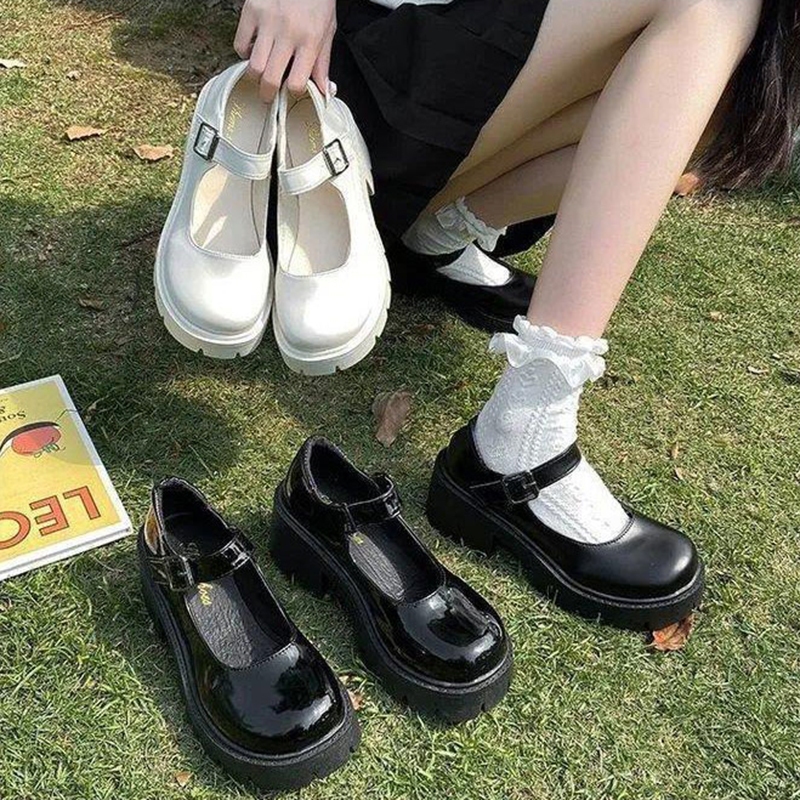 ลดราคาสุดๆ รองเท้าแมรี่เจน หัวกลม แบบมีส้น สำหรับผู้หญิง รองเท้านักเรียน สูง 4 ซม 3 สี