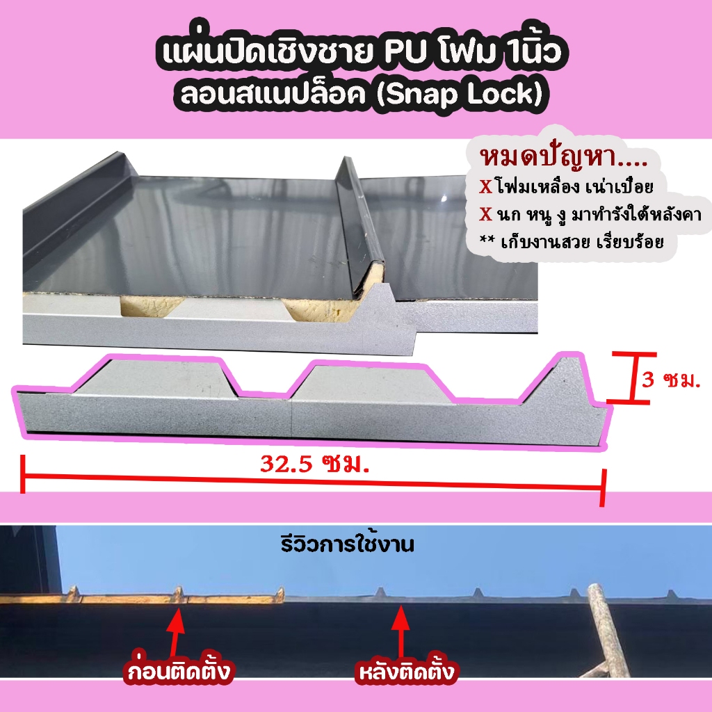 (SET 8ชิ้น)แผ่นปิดเชิงชาย กันนก เมทัลชีท แผ่นปิดPU โฟม1นิ้ว แผ่นเหล็ก ลอนสแนปล็อค 300 (ยาว30cm)