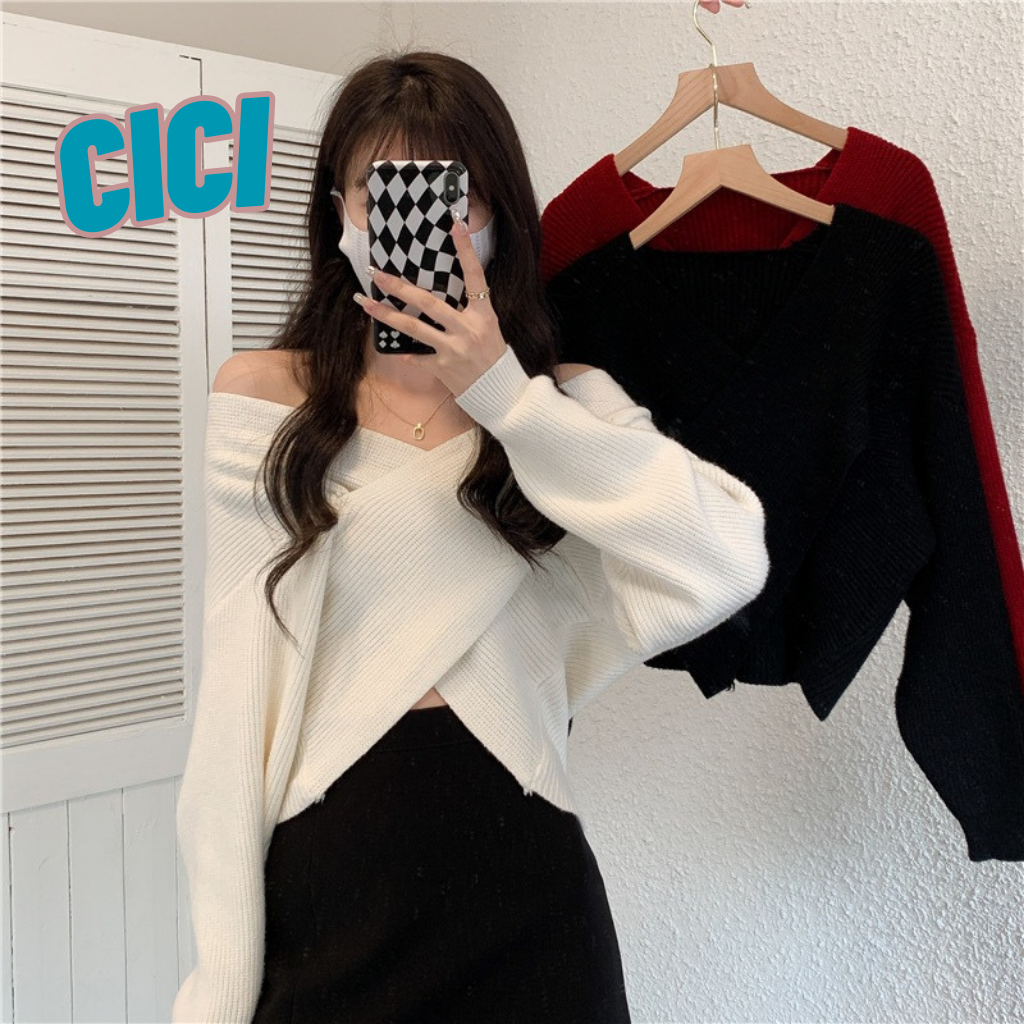 Cici(NO.C1725)เสื้อครอปไหมพรมแขนยาว ดีเทลแต่งด้านหน้าแซ่บม๊ากก
