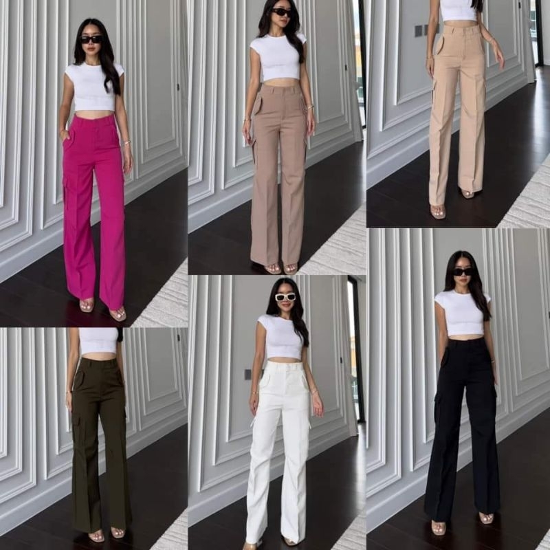 PROMTHONGกางเกงทรงคาร์โก้เอวสูงสีพื้นใส่ทำงานใส่ไปเที่ยงใส่ไปชิวคาเฟ่ทะเลภูเขา#เอวสูง#เก็บทรงPROMTHONG
