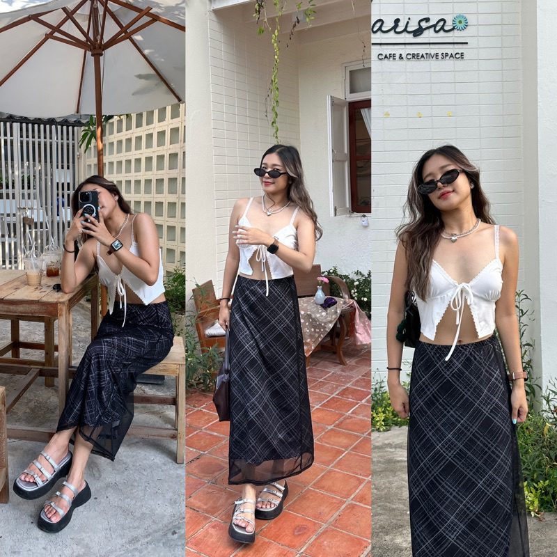 hybliss.bkk - Giselle skirt กระโปรงยาว ลายสก็อต สีดำ