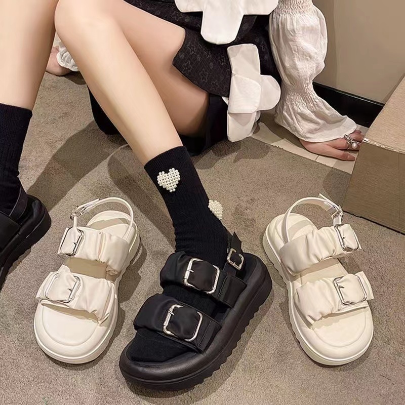 🍁รองเท้าแตะผู้หญิง🔥แฟชั่นเกาหลี หัวเข็มขัดคริสตัลทรงย่น 35-40