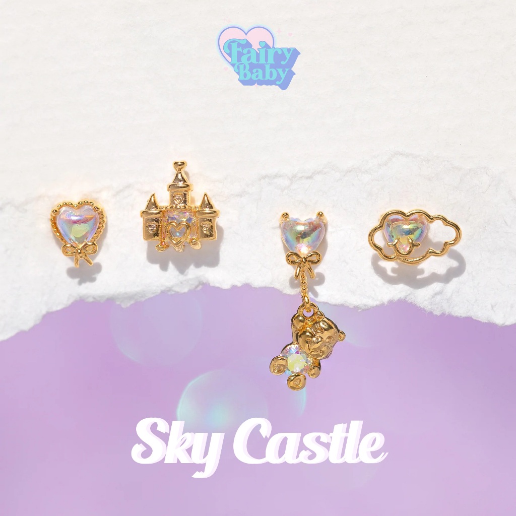 Fairybaby ต่างหู Sky castle โฮโลแกรม สีทอง ชุด 4 ชิ้น (E3-031)