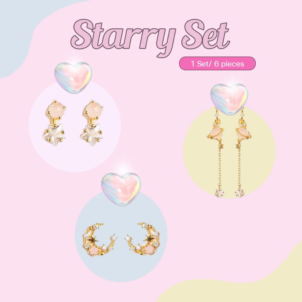 Fairybaby ต่างหู Starry Set ตุ้มหู ทองชุบ จิวเกาหลี เซท 6 ชิ้น (E3-033)