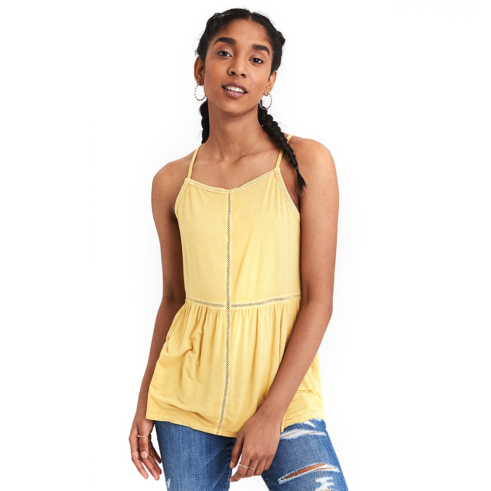 American Eagle เสื้อสายเดี่ยวผู้หญิง 3585 FAGGOTING TRIM PEPLUM JEGGING WASH สี YELLOW - 036-3585-70