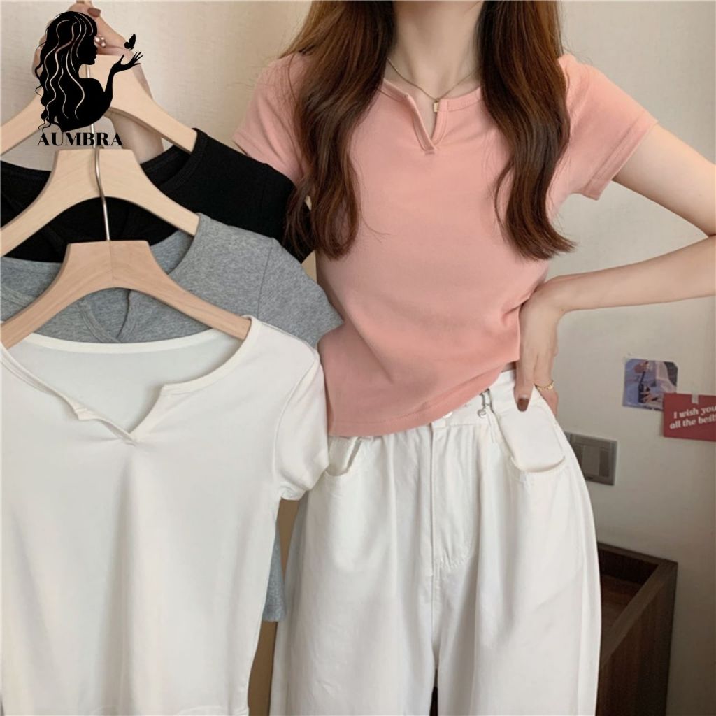 เสื้อยืดแขนสั้นผู้หญิง ครอปพอดีตัว คอวีแฟชั่น น่ารัก ตะมุตะมิ สีพื้นสวยๆ ใส่สบาย พร้อมส่ง TS415