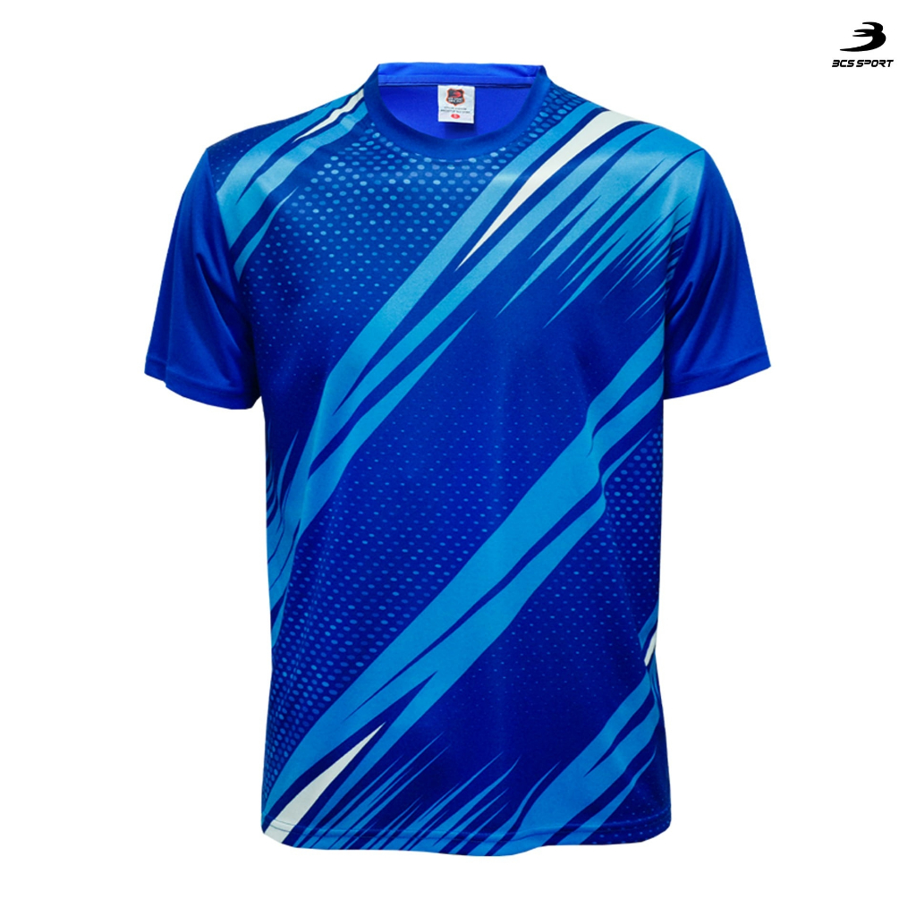 BCS SPORT เสื้อพิมพ์ลาย/กีฬา คอกลม สีน้ำเงิน UNISEX เนื้อผ้า MICRO PLUS+ มีไซส์เด็กละผู้ใหญ่ รหัส J9016/J9018