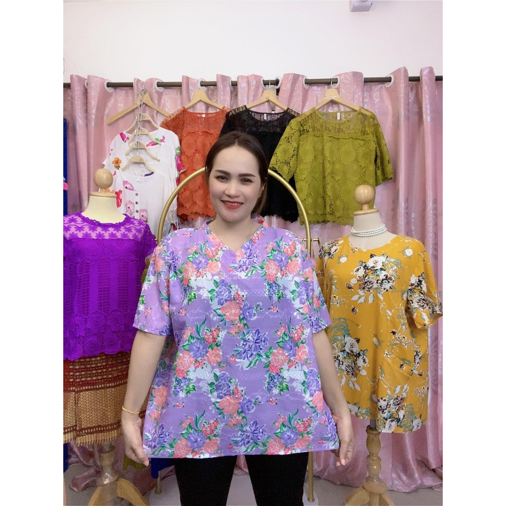 เสื้อสงกรานต์ลายดอก เสื้อผ้าวัยกลางคน รอบอก 48-52 นิ้ว ผ้าสปัน ฉลุลายดอกไม้สวยๆ รุ่น5211-9901