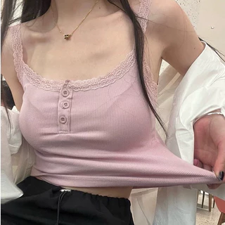 ❣️B-227❣️สายเดี่ยวลูกไม้ ดีเทลสายลูกไม้ยืดได้ ฟรีไซส์มีฟองน้ำในตัว กระดุมหน้าติดได้จริง❣️