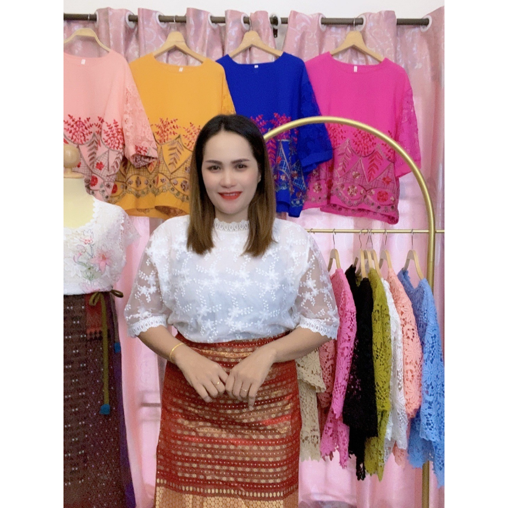 เสื้อลูกไม้ เสื้อลูกไม้ผู้หญิง เสื้อลูกไม้สาวอวบ แฟชั่นออกงาน ใส่เที่ยว ทำบุญ รุ่น4676ขาวล้วน