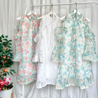 NITAAN (มี46/52)Rose’ DRESS สวยหวานปานเจ้าหญิง ชุดผ้าเยอะ ผ้าออแกนซ่าวิ้งๆลายดอกสีหวาน ชุดมีซับ เปิดไหล่เบาๆมีเชือกค่า