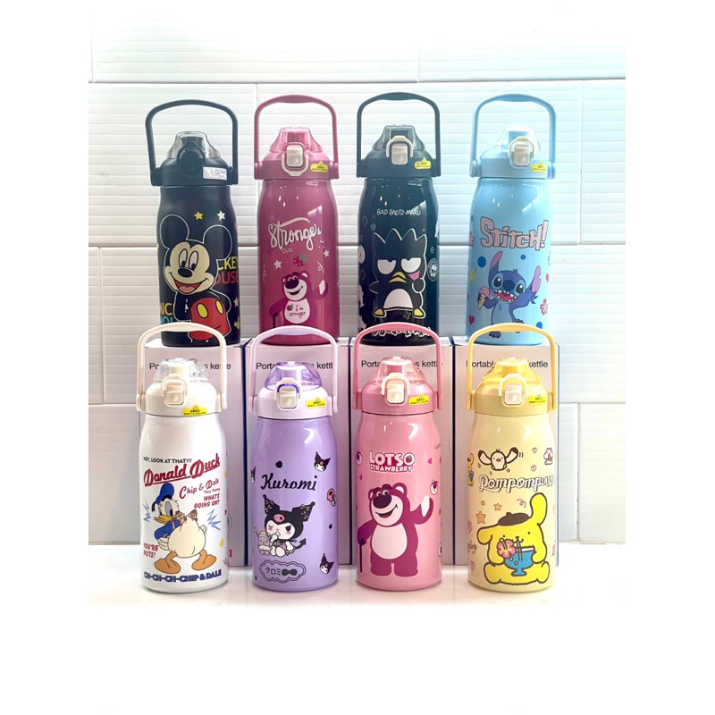 กระบอกน้ำเก็บความเย็น ขนาด 1000-1200ml ลายการ์ตูนน่ารักแถมฟรีหลอดพลาสติก พร้อมส่ง