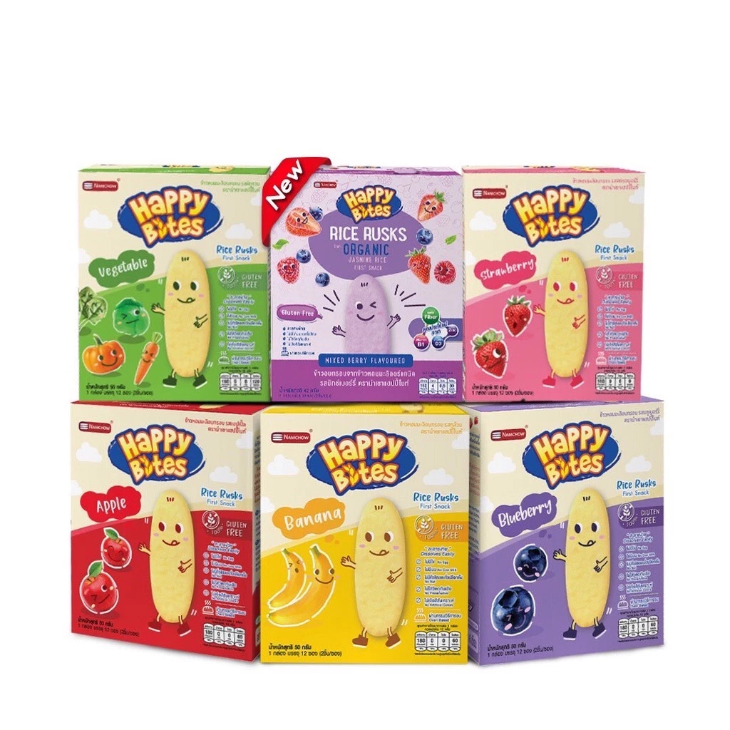🎉แฮปปี้ไบท์ ขนมข้าวหอมมะลิอบกรอบสำหรับเด็ก 6 m+ (เลือกรสชาติได้)🌲