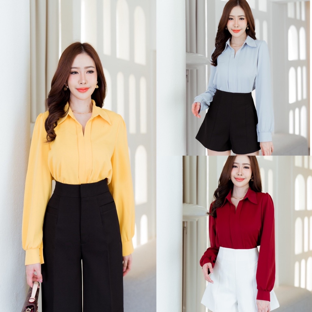 เสื้อเชิ้ตผู้หญิงแขนยาว ออกแบบพับเล็ก เนื้อผ้าเกาหลีเหมาะสำหรับผู้หญิงทำงานเนื้อผ้าเบาสบายมี 10สี