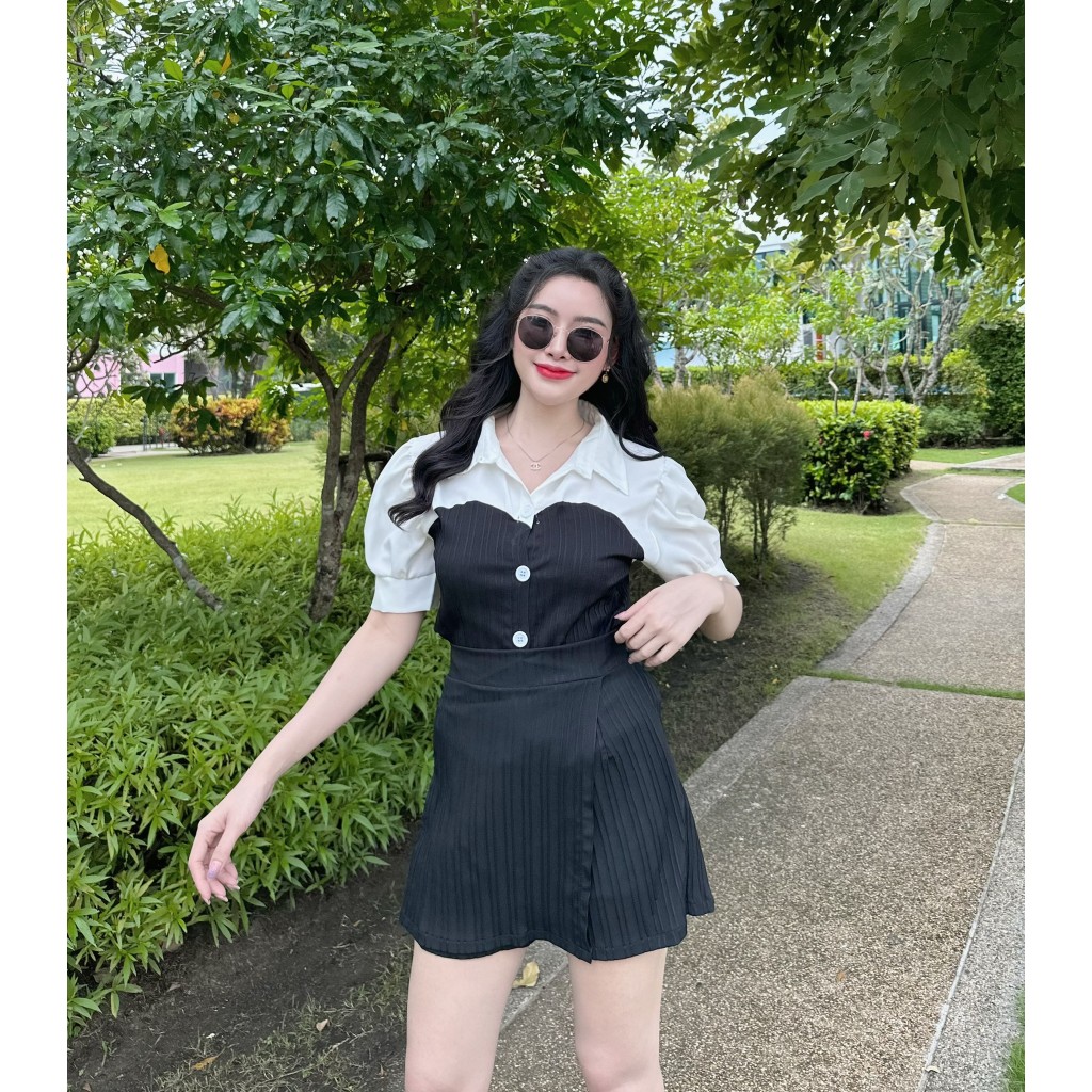 พร้อมส่ง ชุดเซตผ้าด๊อบบี้ เสื้อคอปกแขนตุ๊กตากระดุมหน้าช่วงบนแต่งผ้าโฟว์เวย์+กางเกงกระโปรง (H1,H2,H22