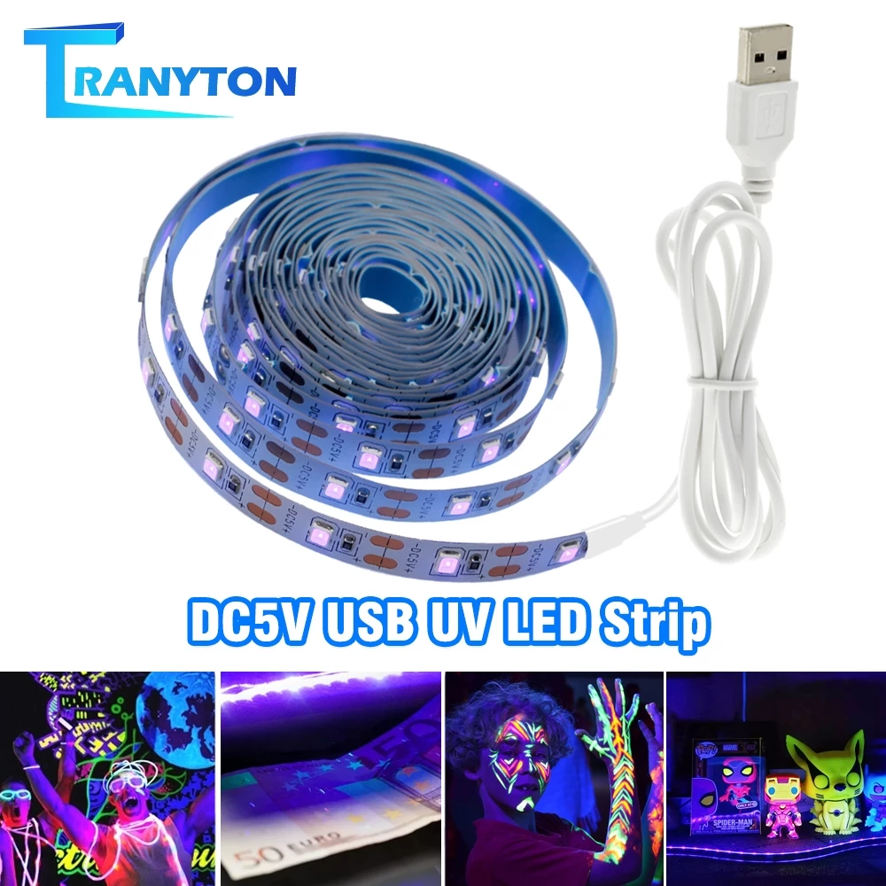 มาใหม่ ไฟUSB 5V ไฟเส้น UV Led ความยืดหยุ่นสูง รังสีอัลตร้าไวโอเลต สีฟ้า สําหรับDJ เรืองแสง ขนาด 0.5 - 2 เมตร