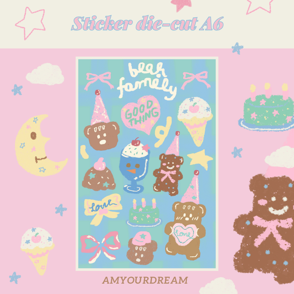 Bear family Sticker 🧸🎀 สติกเกอร์ไดคัท กันน้ำ น้องหมี น่ารัก พร้อมตกแต่ง ขนาด A6 by amyourdream