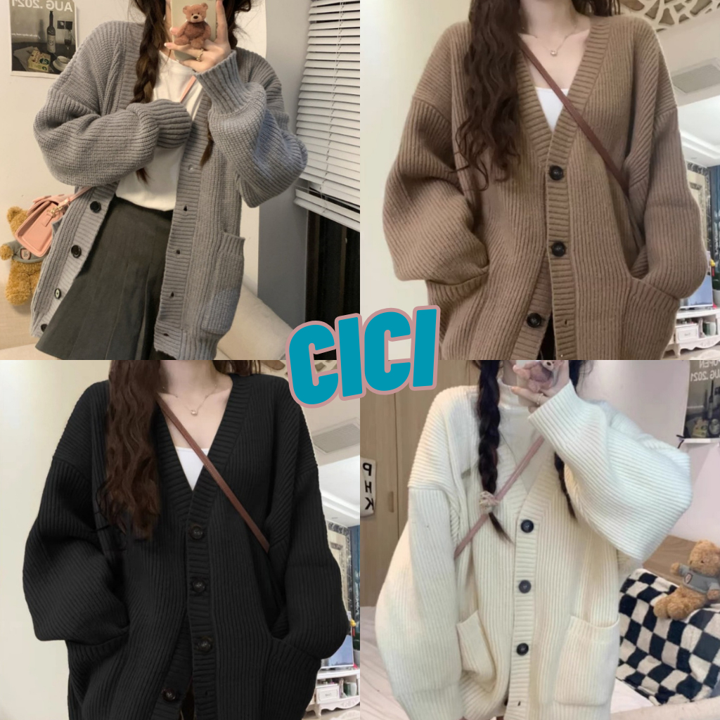 ส่งทันที Cici(NO. ZB8038)เสื้อไหมพรมคานิแกนคอวีดีเทลกระดุมด้านหน้า กระเป๋าใช้งานได้จริง สไตล์ลูกคุณหนู