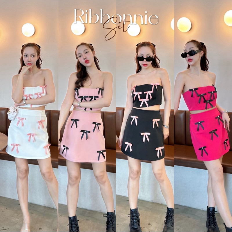 ♡Ribbonnie set ชุดเซทโบว์เยอะๆ สม็อคหลัง+ซิป มีทั้งหมด5สี (Freesize:Xs,s,mใส่ได้)