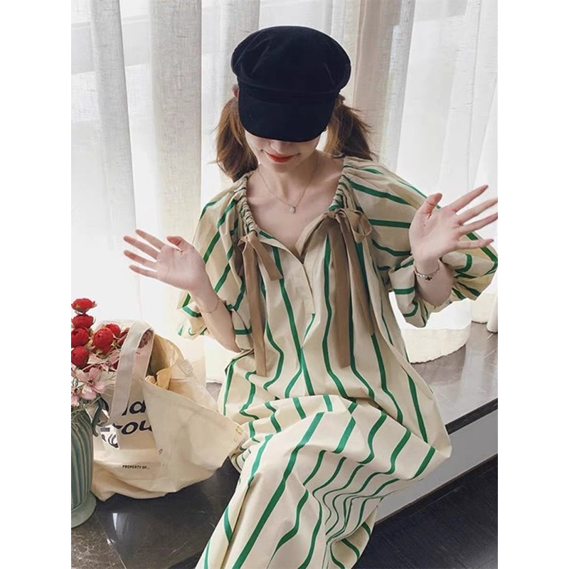❤️Zeza2shop❤️(greenstripy Zara  (green) เดรสริ้วรูดคอป้าย ypy