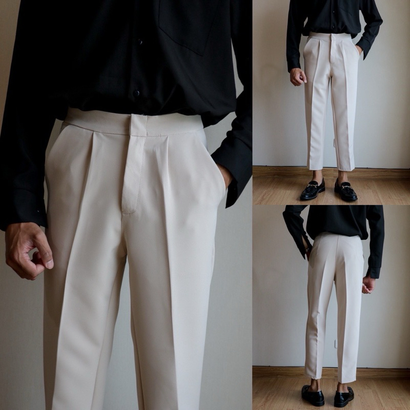BARON COMMON Pants กางเกงขายาวสแลคขาเต่อเอวสูง สีครีม