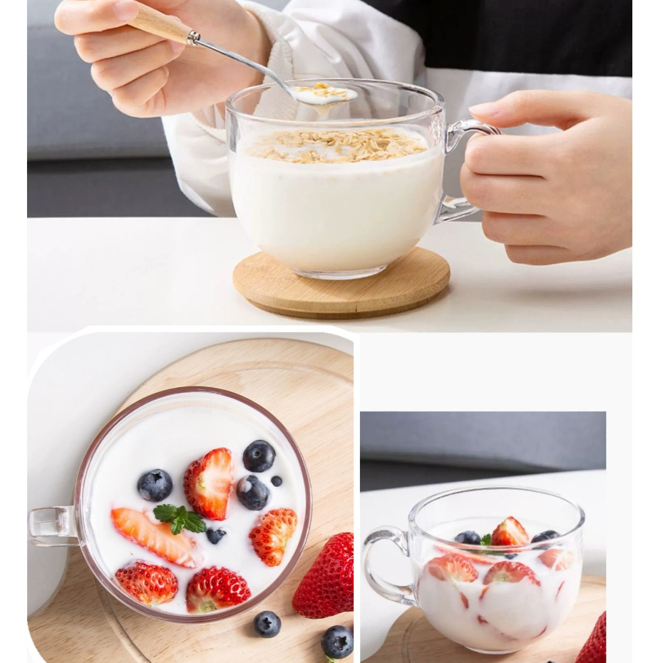แก้วนํ้าใส แก้วใส่โยเกิร์ต นม กาแฟ ชา แก้วใส่อาหารเช้า แก้วมีลายแถบAB พร้อมกล่อง