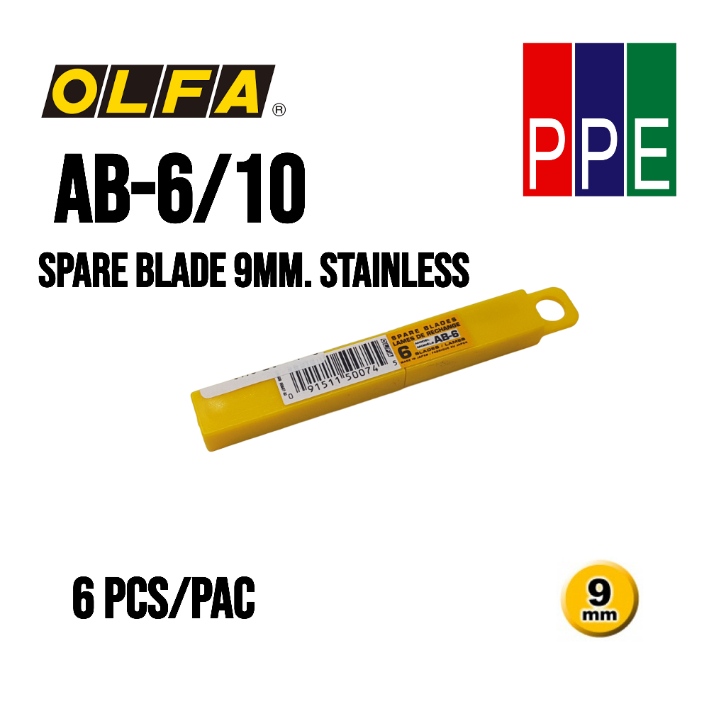 AB-6/10 [OLFA] ใบมีดคัตเตอร์สแตนเลส 9mm. Stainless spare blade 9mm.