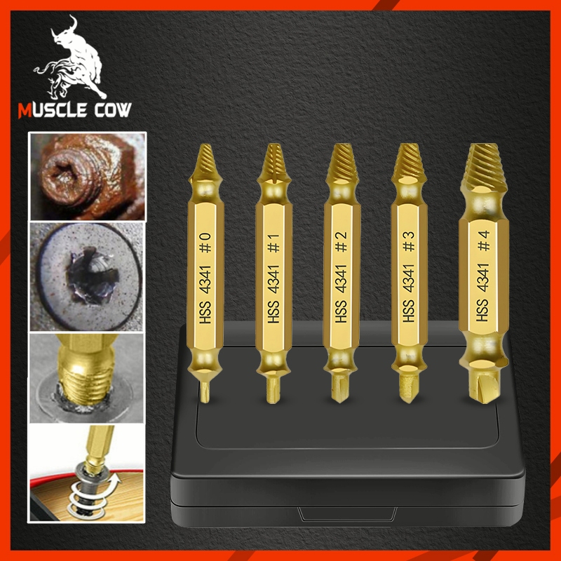 Muscle Cow ชุดถอนสกรูเกลียวซ้าย 5ตัวชุด ชุดเครื่องมือถอนหัวน็อต /สกรู/ตะปู ชำรุดฝังแน่นให้ถอนออกได้อย่างง่ายดายใน10 วินา ราคา ถูกที่สุด ดีลบีเคเค รูปภาพหลัก