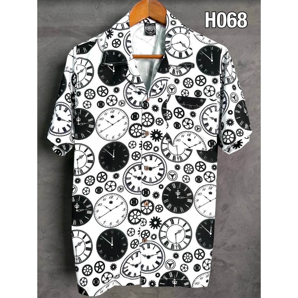 พร้อมส่งจากไทย เสื้อฮาวาย แขนสั้น ผ้าไหมอิตาลี ทรงโอเว่อไซส์ ลายนาฬิกา H068
