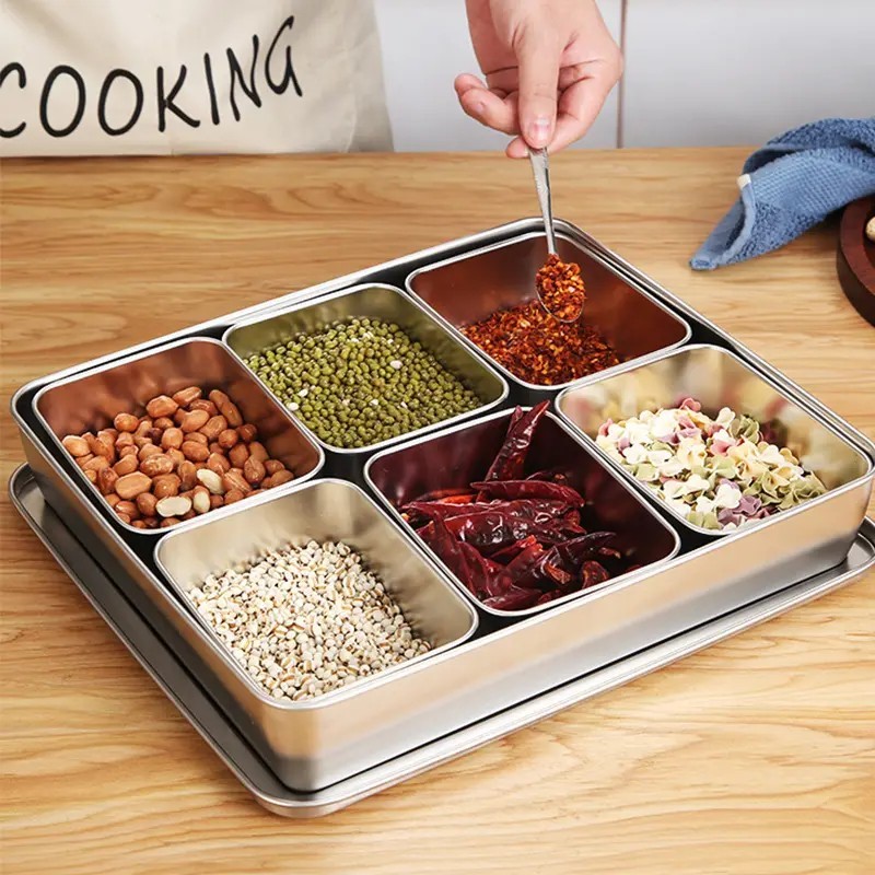 ถาดใส่อาหารสแตนเลส6ช่อง8ช่องฝาสแตนเลส กล่องเก็บอาหาร Square condiment box พร้อมส่ง