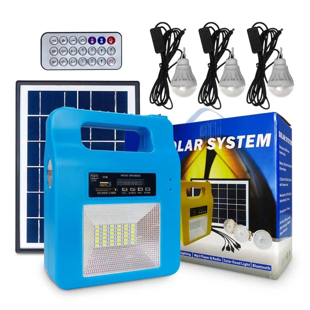 (สีฟ้า)SDM-3210 Hot Solar Lighting System ชุดหลอดไฟโซล่าร์เซลล์ FM MP3 SD CARD Bluetooth Mobile Power Solar charge