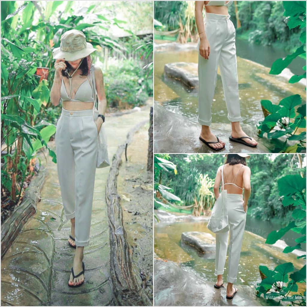 (PA) ARTHITTAYA.BRAND กางเกงเนื้อผ้าสลาฟ 9 ส่วน วินเทจ เอวสูง-สีขาว
