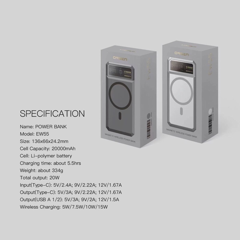 แท้!! 💯Eloop EW55 Magnetic 20000mAh PD 20W แบตสำรอง พาวเวอร์แบงค์ ชาร์จไร้สาย