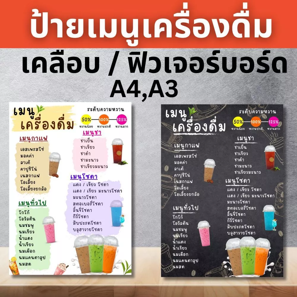 ป้ายป้ายเมนูน้ำ ป้ายฟิวเจอร์บอร์ด/เคลือบแข็ง ขนาด A4/A3