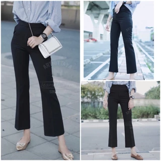 [S-3XL](80) ARTHITTAYA.BRAND กางเกงผ้าซาร่า 8 ส่วน ขาบาน เอวสูง-สีดำ