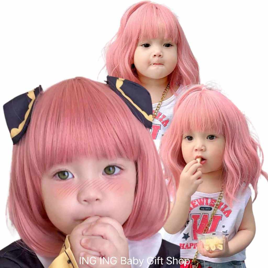 พร้อมส่งจากไทย (5เดือน-4ปี) วิกผมเด็กเกาหลี ผมสีชมพู ผมบ็อบประบ่า ผมดัดสั้น แฮร์พีชเด็กสีชมพู